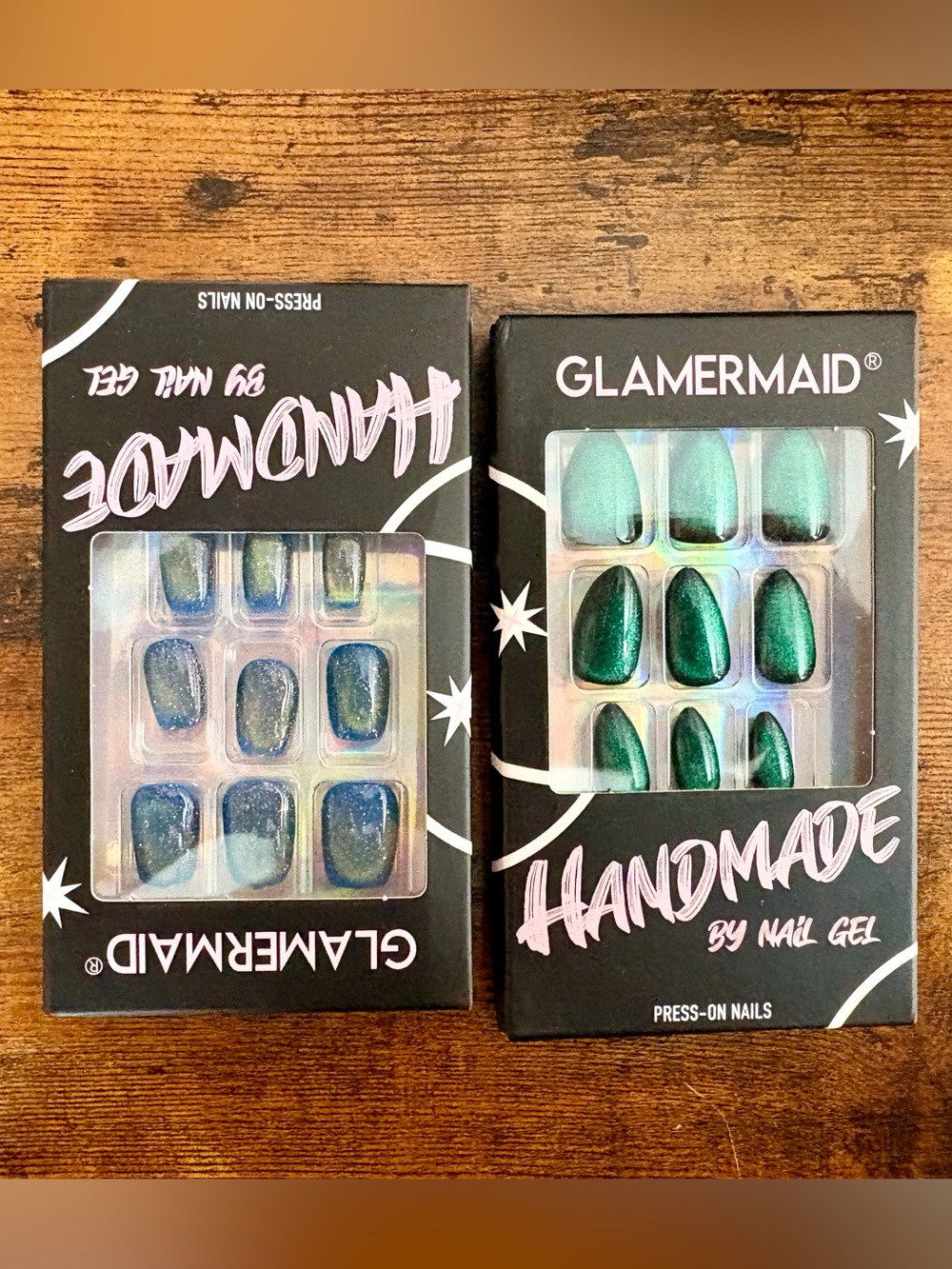 Handmade Cat Eye Green & Teal Press on Nails-Two Sets!